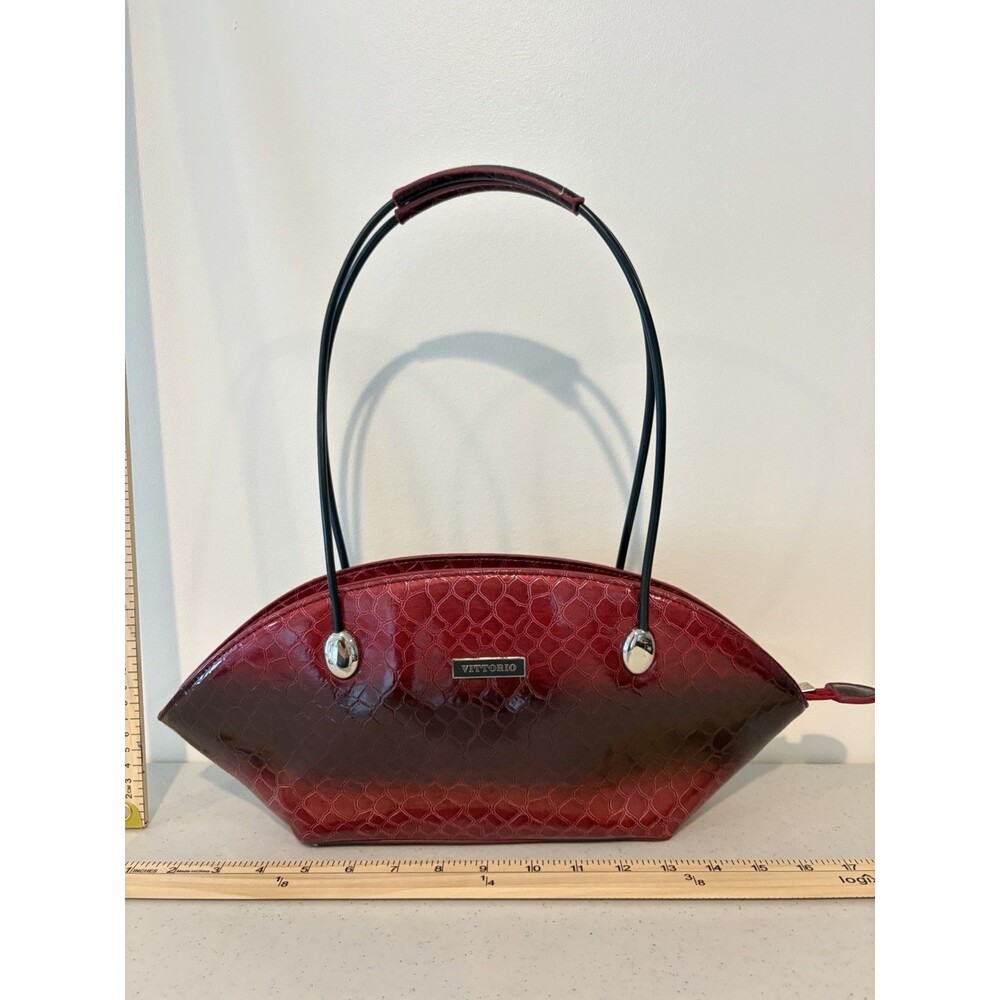 Vittorio Red/Black Patent Animal Print Satchel, Zip, Inner Pockets, Silver